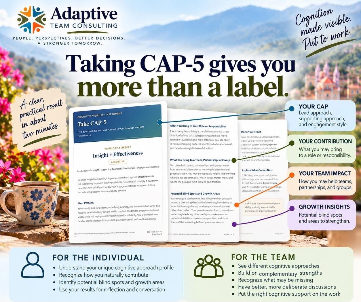 CAP-5 result overview showing insights for an individual's CAP, contribution, team impact, and possible growth areas.